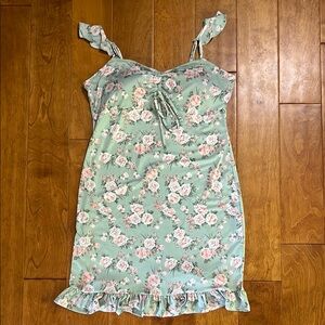 Derek Heart Floral Bodycon Sundress Size L Green Cottage Coquette Fairy Ruffle